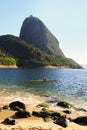 Mountain Sugarloaf Red beach sea sand man surfing canoe, Rio de Royalty Free Stock Photo