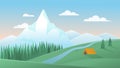 Mountain summer landscape vector illustration, cartoon flat peaceful mountainous nature scenery with tourist tent camp Royalty Free Stock Photo