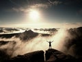 Mountain summit. Happy man gesture raised arms. Royalty Free Stock Photo