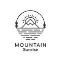 Mountain sunrise line art logo. Linear mountain emblem with a sun, lake and pine trees. Royalty Free Stock Photo