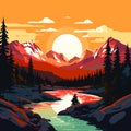 Mountain sunset landscape. Pine forest and mountain silhouettes, evening wood panorama. Vector illustration wild nature background Royalty Free Stock Photo