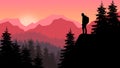 Flat Mountain sunset landscape. Realistic pine forest and mountain silhouettes, sunset ,silhouette of a mountaineer Royalty Free Stock Photo