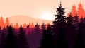 Flat illustration Mountain sunset landscape. Realistic pine forest and mountain silhouettes, sunset , Royalty Free Stock Photo