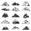 Mountain symbols. Silhouette mountains with range snow labels, abstract alpen hills. Hiking, exploring and camping Royalty Free Stock Photo