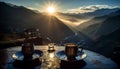 Mountain table outdoors drink nature coffee landscape sun sunset generated by AI Royalty Free Stock Photo