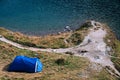 Mountain top. adventures Camping tourism and tent. landscape near water outdoor at Lacul Balea Lake, Transfagarasan, Romania. Royalty Free Stock Photo