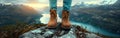 Mountain Top Rest: Woman Hiker Enjoying View of River Fjord from High Hill with Hiking Shoes - Adventure and Nature Landscape