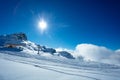 Mountain top ski lift station over alpine panorama Royalty Free Stock Photo