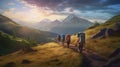 Mountain Trail: Group of Hikers Setting Off on Their Journey. Generative ai