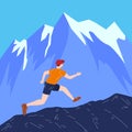 Mountain Trail Running Man in wild nature. Runner in landscape hills, running to win. Vector