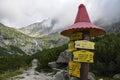 Mountain trail sign pointing direction on wooden pole in the High Tatras, Slovakia Royalty Free Stock Photo