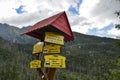 Mountain trail sign pointing direction on wooden pole in the High Tatras, Slovakia Royalty Free Stock Photo