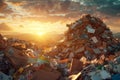 A mountain of trash is piled high with cardboard boxes and plastic bottles Royalty Free Stock Photo