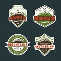 Mountain travel and outdoor adventure set of vector colored emblems, stickers, labels, badges and logos