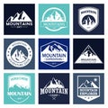 Mountain travel, outdoor adventures logo set. Hiking and climbing labels or icons for tourism organizations, events Royalty Free Stock Photo