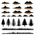 Mountain and tree slihouette set collection Royalty Free Stock Photo