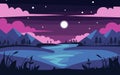 A mountain with trees and a river with a beautiful pink night sky illustration.