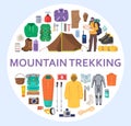 Mountain trekking equipment set, flat vector isolated illustration. Hiking and camping gear circle composition.