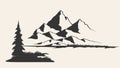 Mountain and tropical trees vector illustration. Contours of the mountains engraving vector illustration, hand drawn