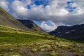 Mountain tundra with mosses and rocks covered with lichens, Hibiny mountains above the Arctic circle, Kola peninsula, Russia. Royalty Free Stock Photo