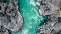 Mountain turquoise river, rocky banks aerial view. Drone shooting. Katun River, Altai.