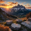 Mountain valley with beautiful house and church at sunset in autumn. Landscape with buildings, high rocks, colorful Royalty Free Stock Photo