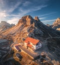 Mountain valley with beautiful house and church at sunset Royalty Free Stock Photo