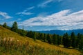 Mountain valley with cloudy sky, golden autumn panorama landscape, Altai Republic, Russia Royalty Free Stock Photo