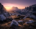 Mountain valley at colorful sunset in autumn in Dolomites, Italy