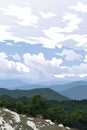 Mountain valley. Crimea. View from the Bald Mountain to forest, other mountain ranges and cloudy sky. Outdoor recreation