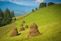 Mountain valley with haystacks on a hill Royalty Free Stock Photo