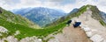 Mountain valley with lakes in Tatras, panoramic view from pass Royalty Free Stock Photo