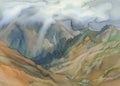 Mountain valley landscape with clouds watercolor background