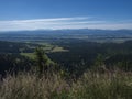 Mountain valley with meadow, spruce tree forest, green fileds and with blue misty slopes of low tatra mountais in the