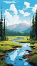 Whistlerian Illustration Of Green Meadow And Mountains In Rocky Mountains