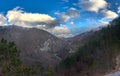 Mountain valley in the rays of the setting sun.