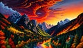 Mountain valley river sunrise sunset orange yellow color artistic drawing Royalty Free Stock Photo