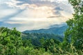 Mountain valley during sunset or sunrise. Natural spring or summer season landscape Royalty Free Stock Photo