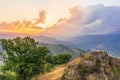 Mountain valley during sunset or sunrise. Natural spring or summer season landscape Royalty Free Stock Photo