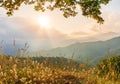 Mountain valley during sunset or sunrise. Natural spring or summer season landscape Royalty Free Stock Photo