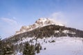 Mountain Velky Rozsutec in Male Fatra in winter and in high winds flying snow from the top