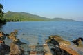 Mountain View from the beach with stone, rocks and blue sky Royalty Free Stock Photo