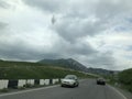 mountain view bridge and road in summer,