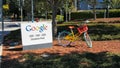 MOUNTAIN VIEW, CA, USA - AUGUST 28, 2015: close up of a google sign and bicycle outside google headquarters building. Royalty Free Stock Photo