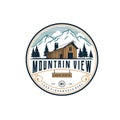 Mountain view with cabin for village house rent logo Premium Vector