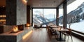 Mountain view dining room with a cozy fireplace and modern design. Generative AI Royalty Free Stock Photo