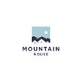 Mountain view house residential property logo design vector icon illustration, villa hotel icon with hill view background