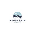 Mountain view house residential property logo design vector icon illustration, villa hotel icon with hill view background