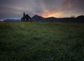 Mountain View Iceland. Beautiful black wooden church in Budir
