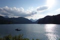 mountain view lake with blue sky and clouds